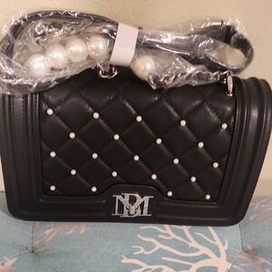 Badgley Mischka Black Quilted Crossbody Bag with Silver PEARL Hardware
